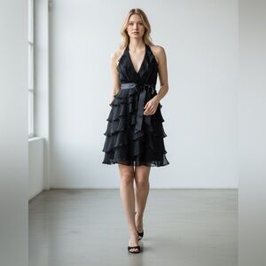 Tadashi Womenās Black Tiered Silk Ruffled Halter Gown Sz 8